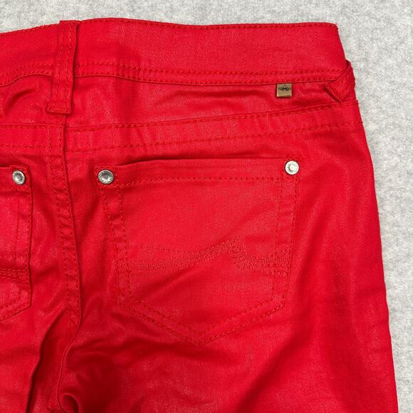 Almost Famous Coated Skinny Jeans Sz 3 Red Low-Rise Stretch Sheen Y2K Glam Denim - Picture 3 of 12